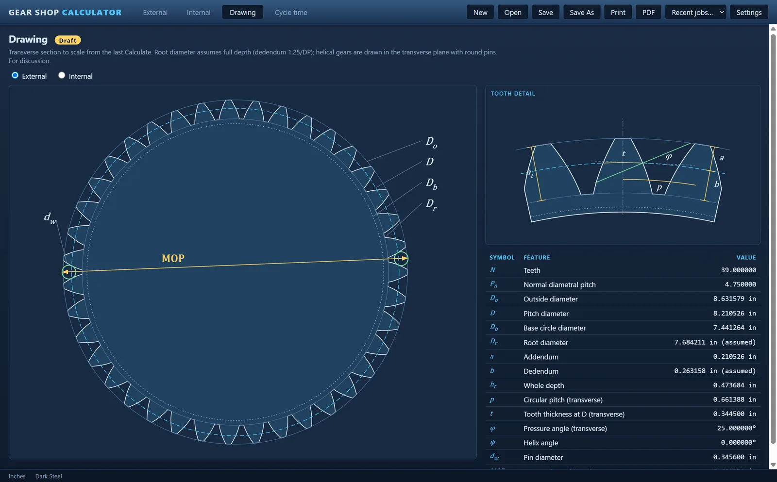 The Pro Drawing page: a 39-tooth gear drawn to scale with the measurement over pins marked, a tooth detail and a table of features and values.